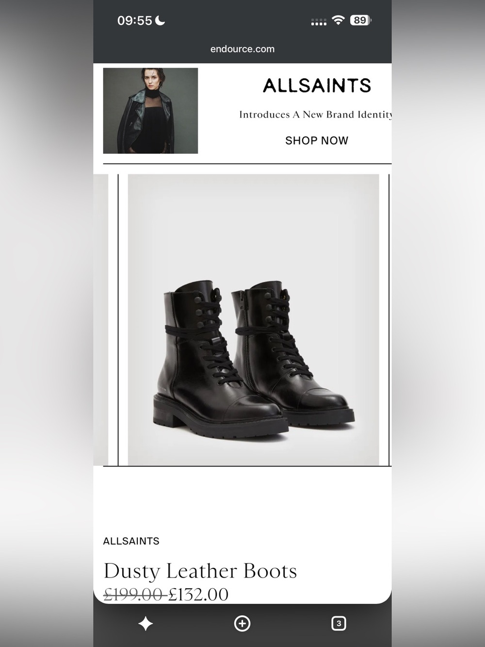 AllSaints Black Leather Lace-Up Combat Boots with Side Zip